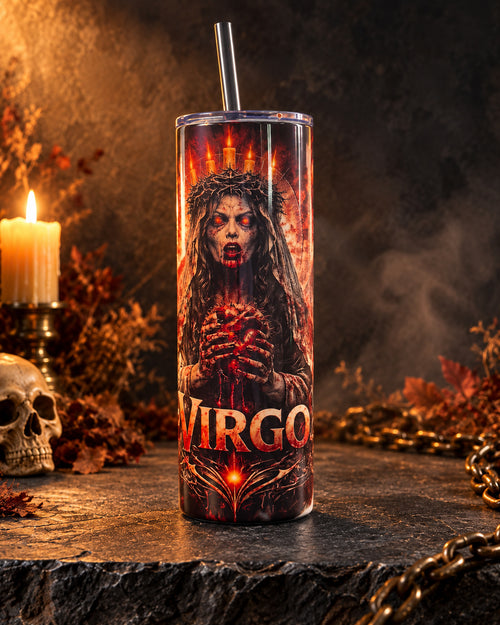 20oz blem tumbler with a dark crowned Virgo horror portrait and skulls