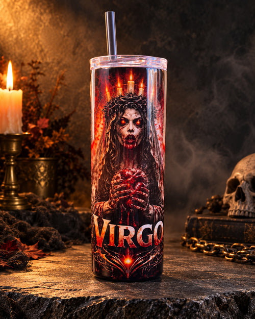 20oz blem tumbler with a dark crowned Virgo horror portrait and skulls