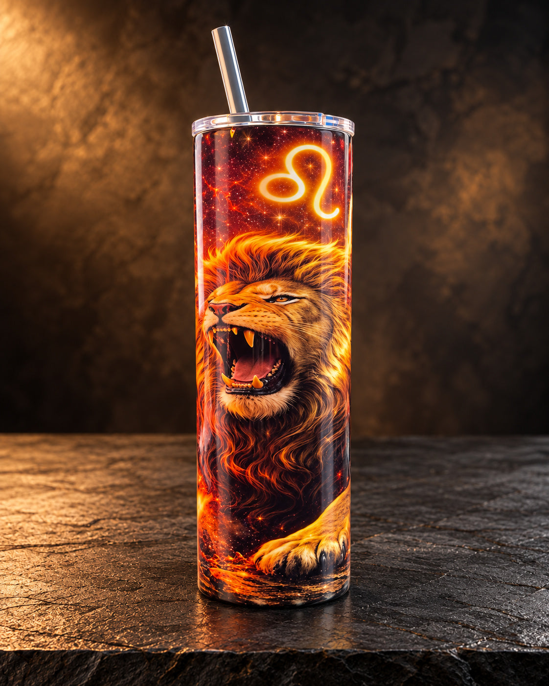 20oz tumbler with a lion in orange flames and the Leo zodiac symbol