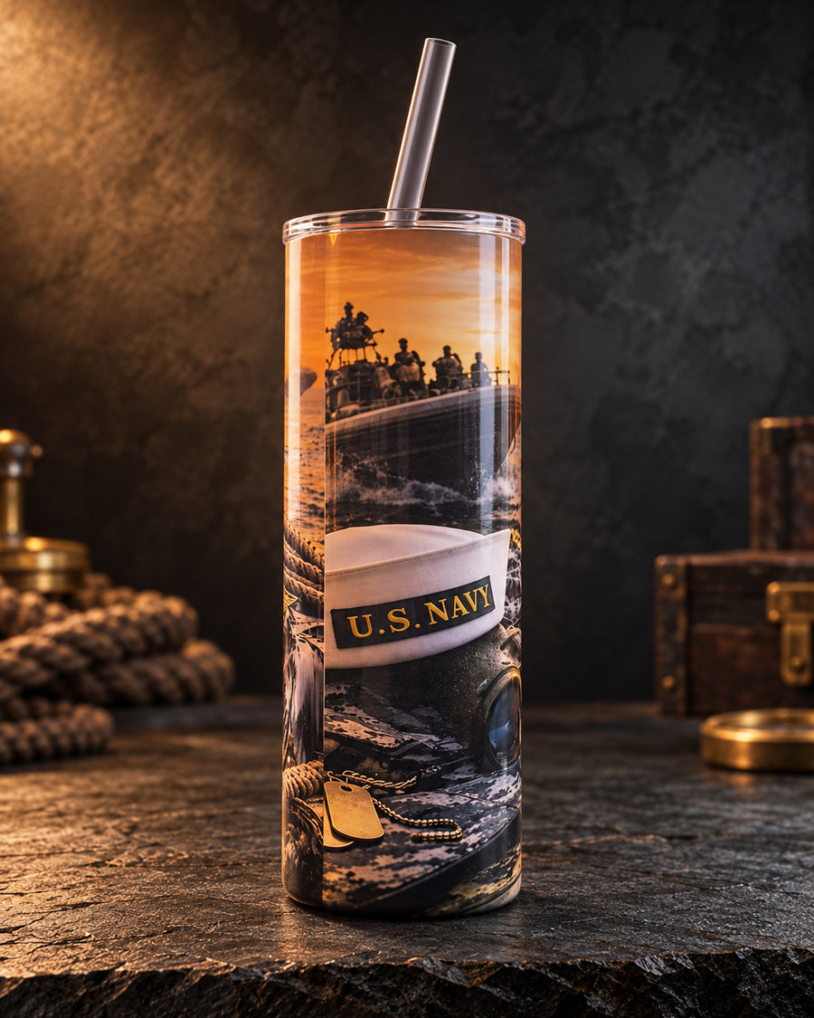 Navy Maritime Special Ops Scene 20oz Insulated Stainless Tumbler with Lid & Straw | Navy Gift