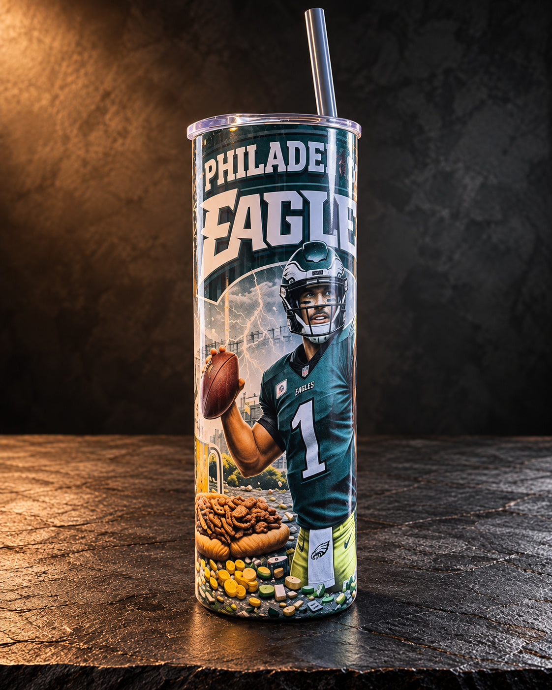 20oz tumbler with a football collage of player art, helmets and team motifs