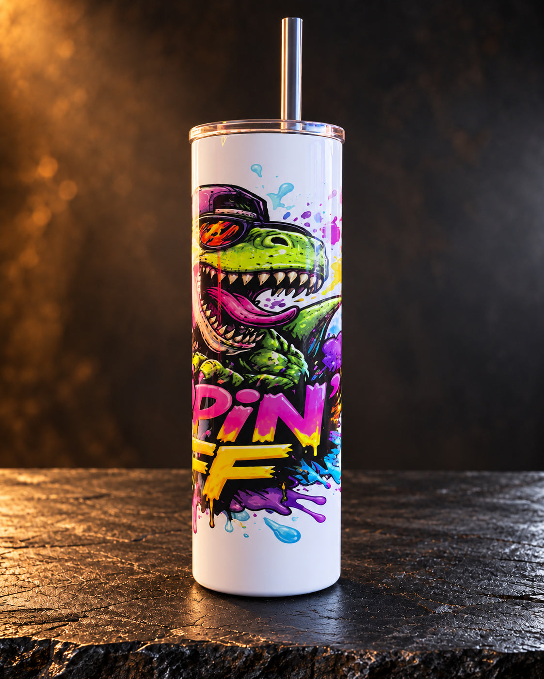 20oz tumbler with a grinning colorful creature and Poppin Off lettering