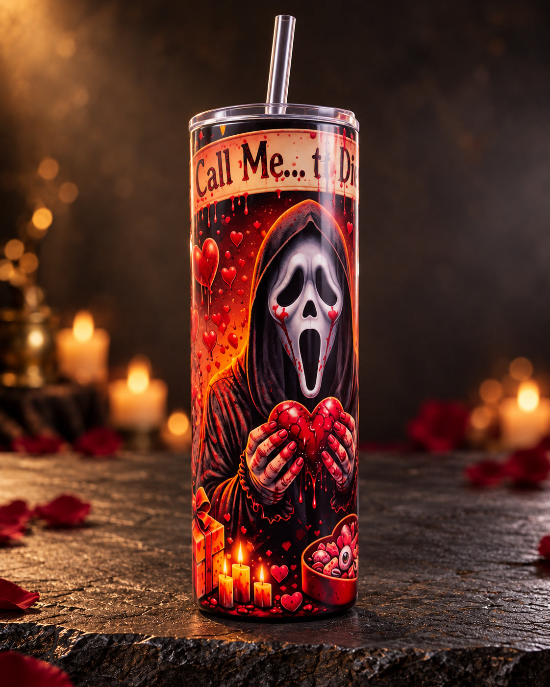 20oz tumbler with a ghost-mask slasher, Valentine hearts and roses