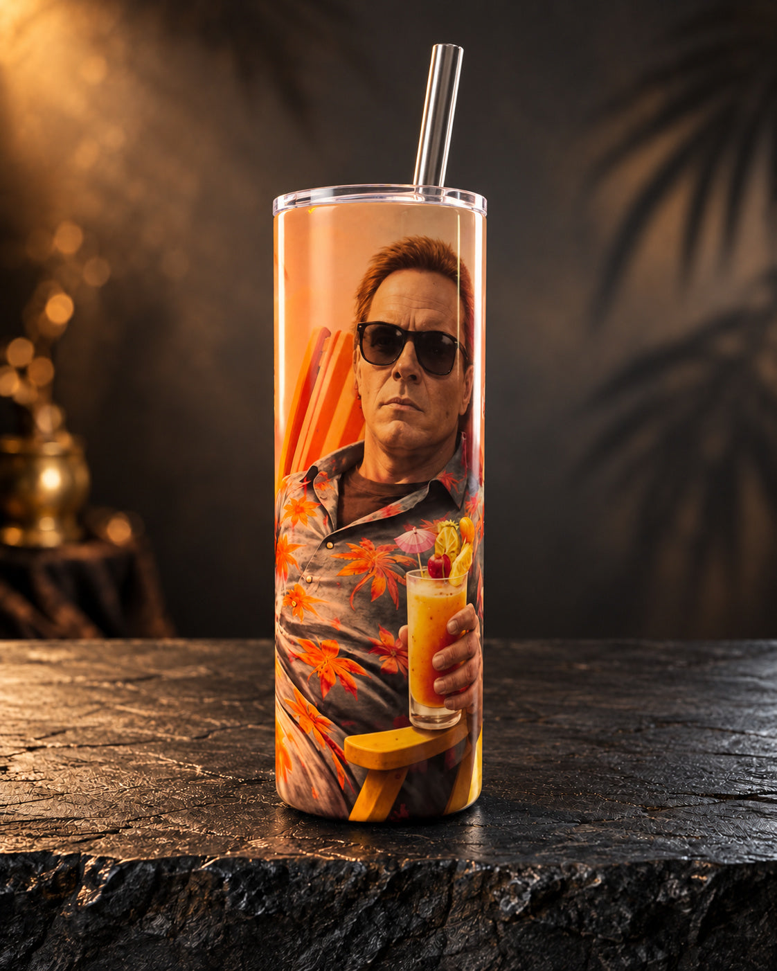 20oz tumbler with a masked slasher in sunglasses on bright summer art