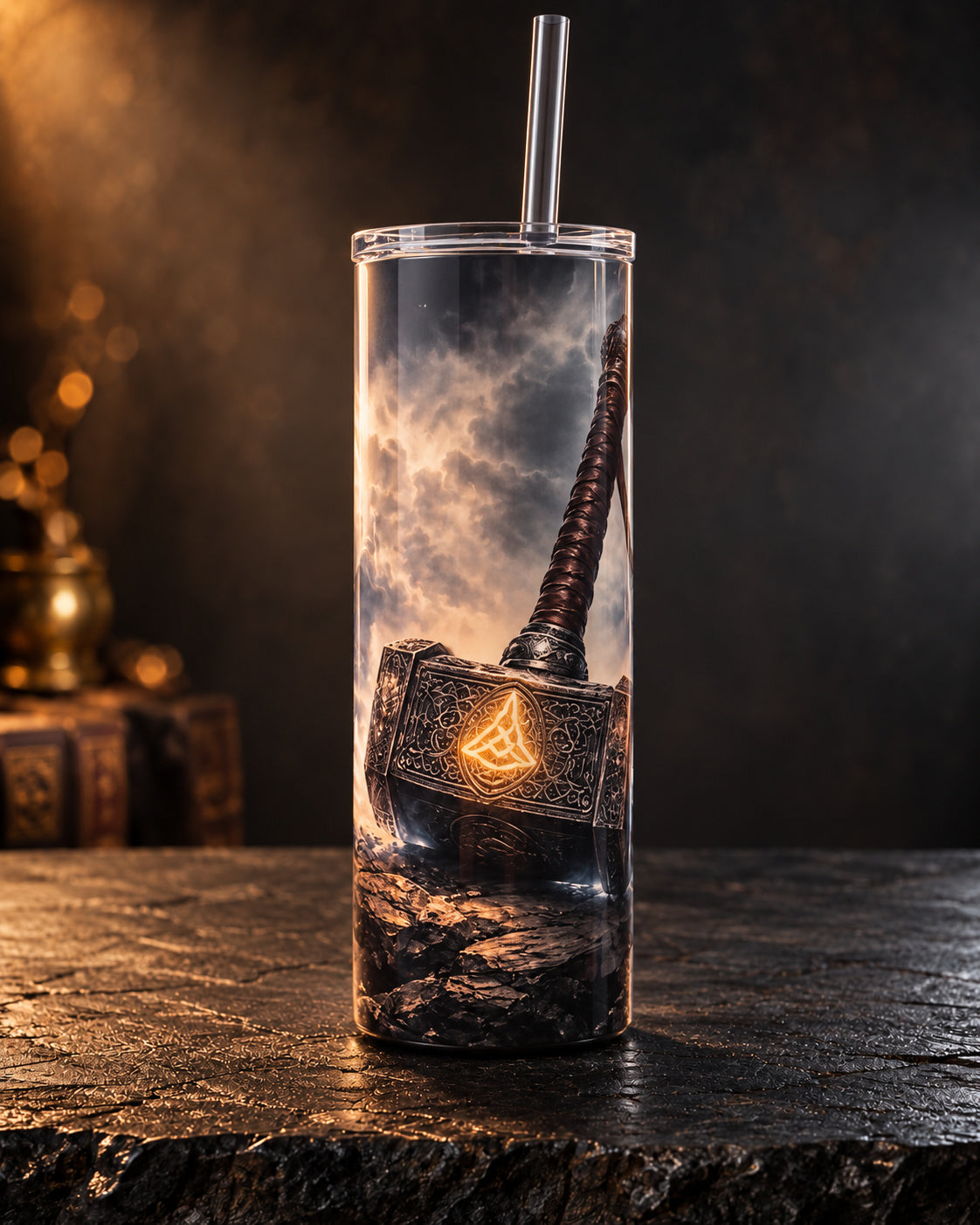 20oz tumbler with a war hammer over a stormy mountain-and-water scene
