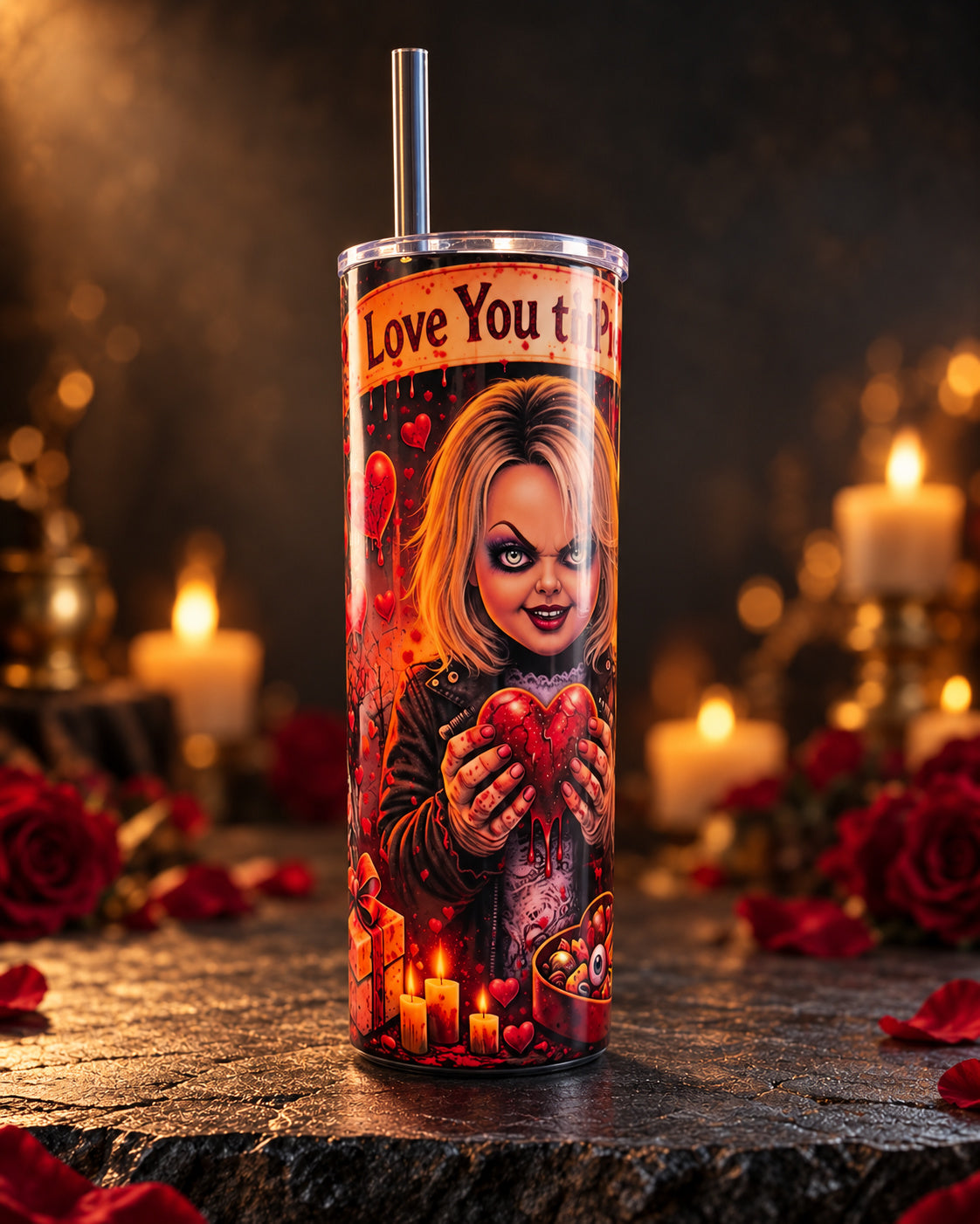 20oz tumbler with a horror bride, Love You to Pieces lettering, hearts and roses